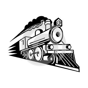 Steam Locomotive Speeding Forward Retro Mascot Black and White