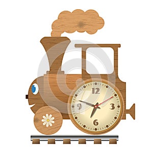Steam locomotive style table clock for children. Isolated white background.