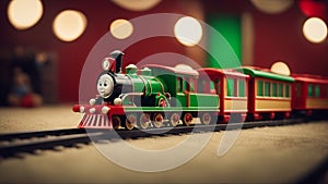 steam locomotive A toy train that circles on a round track on a carpeted floor. The train is red and green