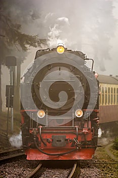 Steam locomotive with trailers drives through the fog