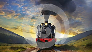 steam locomotive train with black smoke and beautiful panorama video animation