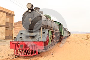 Steam locomotive and train wagons at Hejaz railway station near Wadi Rum, Jordan