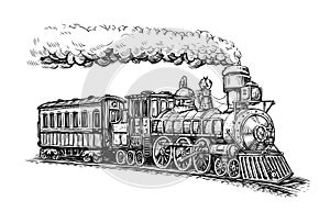 Steam locomotive transport sketch. Hand drawn vintage vector illustration photo