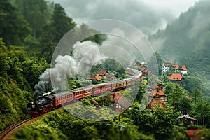 A steam locomotive traversing a mountain village. Generative AI