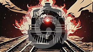 steam locomotive vector illustration logo, _A vintage train, on fire, flames, The train is black