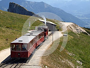 Steam locomotive of a vintage cogwheel railway going to Schafber, Wolfgangsee