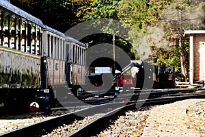 steam locomotive and vintage passenger train carriage. side view at train station in diminishing perspective. steel rail tracks