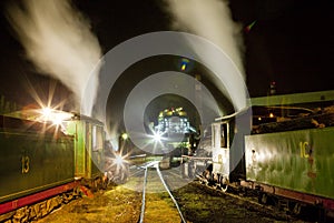 steam locomotives in depot at night, Kostolac, Serbia