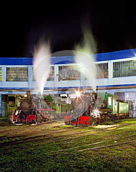 steam locomotives in depot at night, Kostolac, Serbia