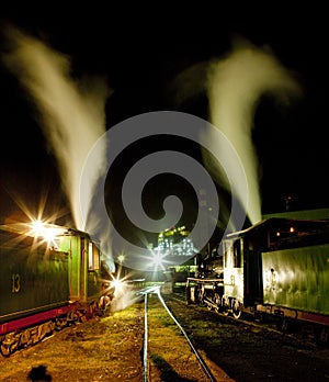 steam locomotives in depot at night, Kostolac, Serbia