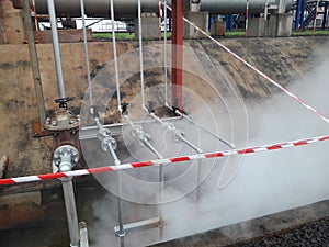 Steam pipes leakage with barricade tape,danger area ,