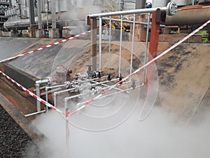 Steam pipes leakage with barricade tape,danger area ,