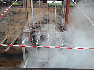 Steam pipes leakage with barricade tape,danger area ,