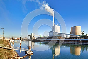 Steam power plant at Rhine river in Karlsruhe in Germany used for generation of electricity and district heating from hard coal