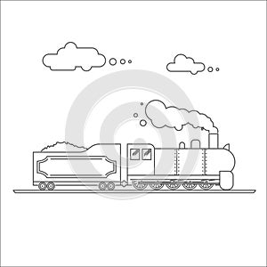 Steam powered locomotive vector illustration. Vintage retro train. Old antique machinery Line art