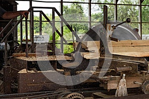 Steam Powered Sawmill Saws Through Wood Making Sawdust Fly