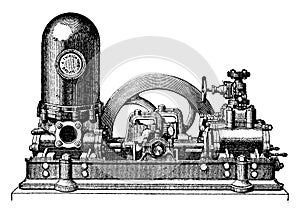 Steam pump has two cylinders direct action coupled, M. Thirion, vintage engraving