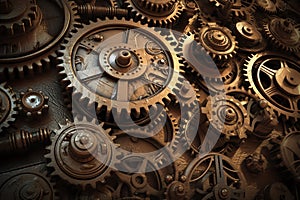 Steam punk metal background with gears and cogs 3d illustration. Generative AI