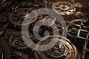 Steam punk metal background with gears and cogs 3d illustration. Generative AI