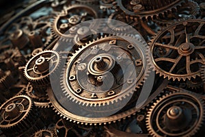 Steam punk metal background with gears and cogs 3d illustration. Generative AI