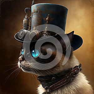 Steam punk siamese cat portrait.