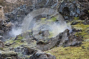 Steam raising among rocks in Landmannalaugar area, Iceland