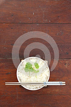 Steam rice in white bowl with chopstick