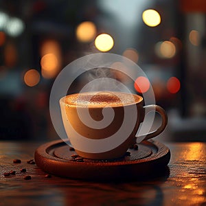 Steam rises from a hot cappuccino on a wooden saucer