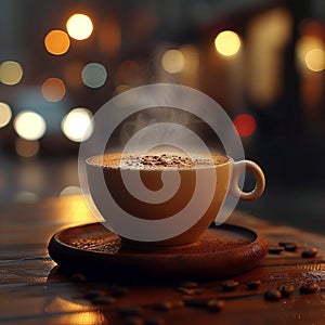 Steam rises from a hot cappuccino on a wooden saucer