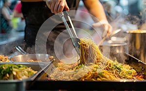 Steam rises from a sizzling wok as noodles are expertly tossed at a bustling street food market stall.