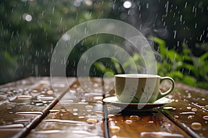 steam rising from a cup set on a rainsoaked wooden table