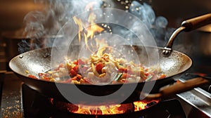 Steam rising and flames blazing this wok stirfry is a masterpiece in the making. The sound of sizzling oil and the