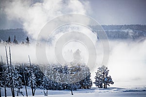Steam rising from geyser creates localized snow falling photo