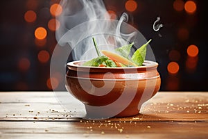 steam rising from hot bisque in a terracotta bowl