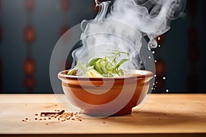 steam rising from hot bisque in a terracotta bowl