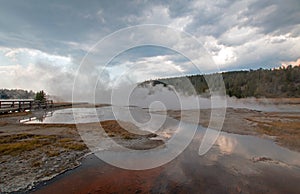 Steam rising off Hot Lake in the Lower Geyser Basin in Yellowstone National Park in Wyoming USA