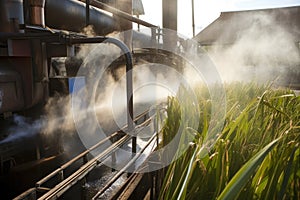 Steam rising from a sugar factory\'s evaporation process, as the sugarcane juice is concentrated into a thick syrup photo