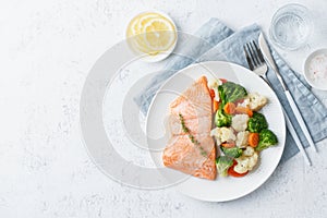 Steam salmon and vegetables, Paleo, keto, fodmap, dash diet. Mediterranean food with fish