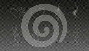 Steam smoke realistic set with hart and swirl shaped white on dark transparent background isolated vector illustration