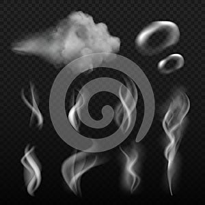 Steam and smoke. Vape shapes hot kitchen smell vector realistic pictures