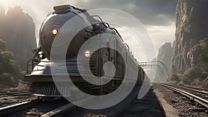 steam train in the countryside An apocalyptic train that escapes the doom of the world on a futuristic and alien railway.