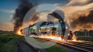 steam train in the countryside fire train, A speedy exploding, train shooting flames that is covered in fire flashes