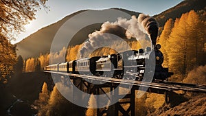 steam train in the countryside A vintage locomotive with a black smokestack and a yellow passenger car, crossing a wooden bridge