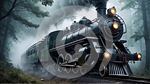Steam Train at Creepy Foggy Forest. Wallpaper Background