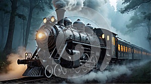 Steam Train at Creepy Foggy Forest. Wallpaper Background