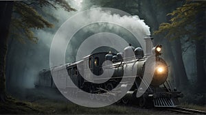 Steam Train at Creepy Foggy Forest. Wallpaper Background