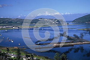 Steam train crossing the bridge at Knysna Lagoon