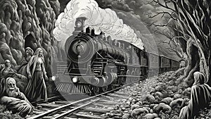 steam train _A dark magic Halloween steam train with ghouls and monsters on it, that has been haunted and cursed