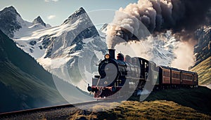 A Steam Train Driving Through the Schweizer Alpen Scenic Landscape Generative AI