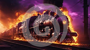 steam train in the forest burning, exploding, Train with a explosion, fire, flames,